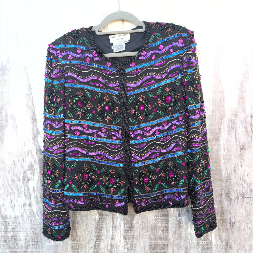 Papell Boutique Maximalist Statement Sequined Beaded Jacket Women's 12